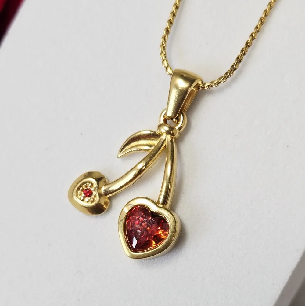 Gold Heart Cherry Pendant Necklace Red Rhinestone Fruit Charm Romantic Y2K Glam
